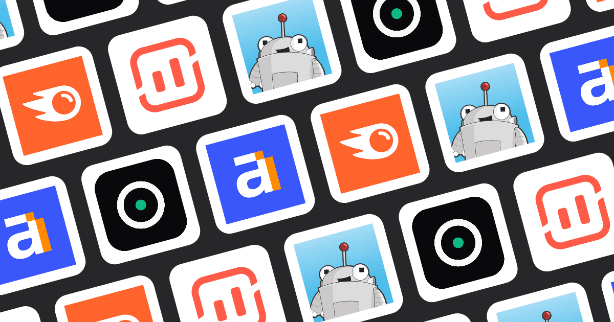 Logo grid of leading SEO tools: Semrush, Ahrefs, Moz Pro, Surfer SEO, Rankloop